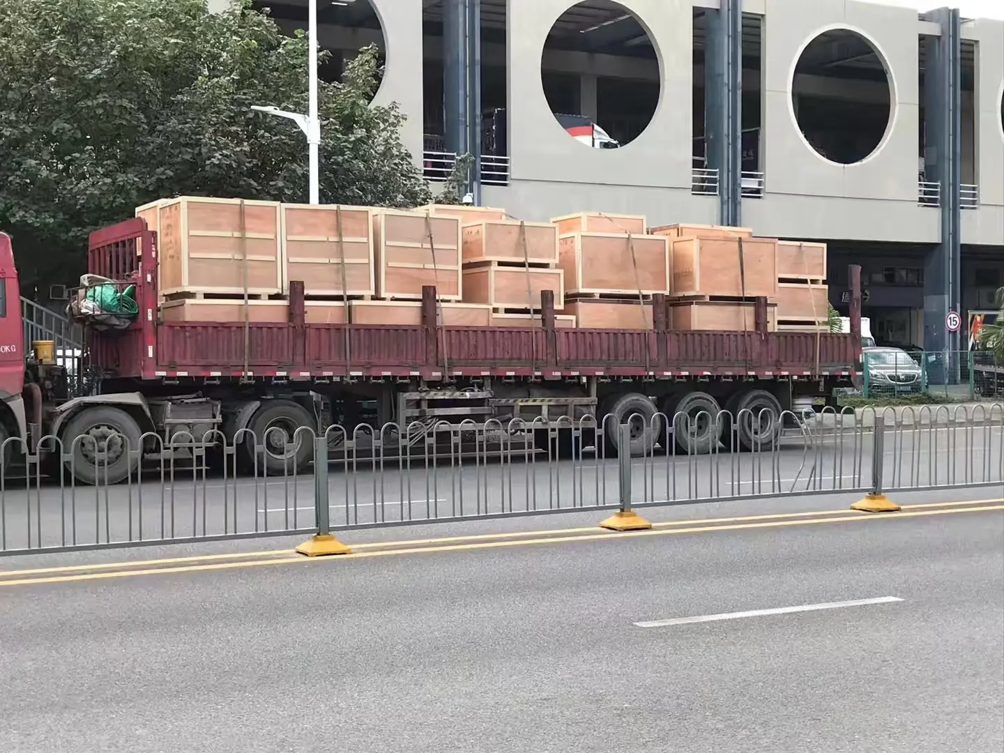 Flatbed truck carrying wooden crates